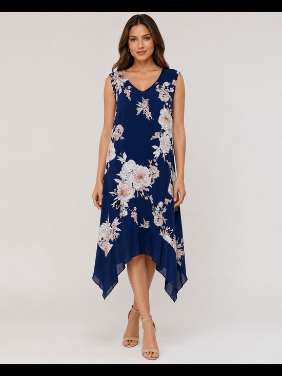 Luxology Dresses & Skirts - Luxology Womens Sleeveless Navy Floral High-Low Chiffon Midi Dress Size 1X